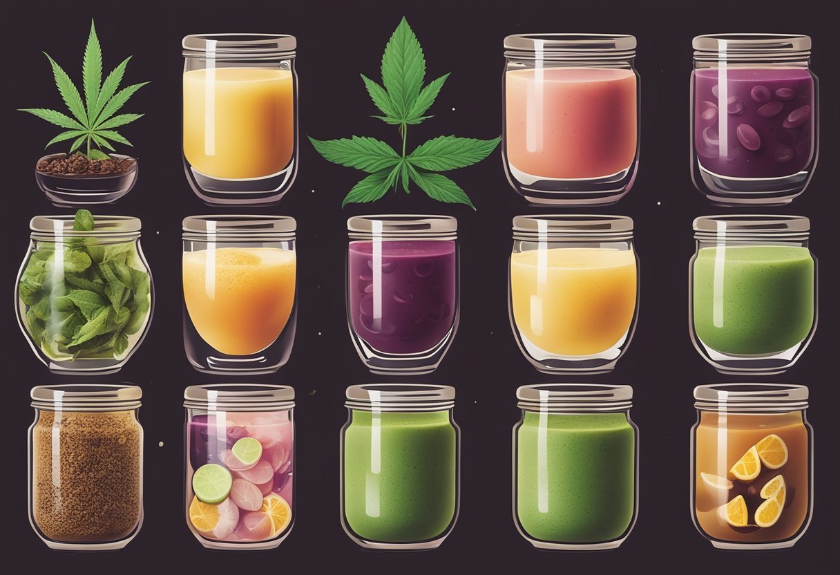 A colorful array of smoothies, coffees, and teas with cannabis leaves and buds floating in the drinks