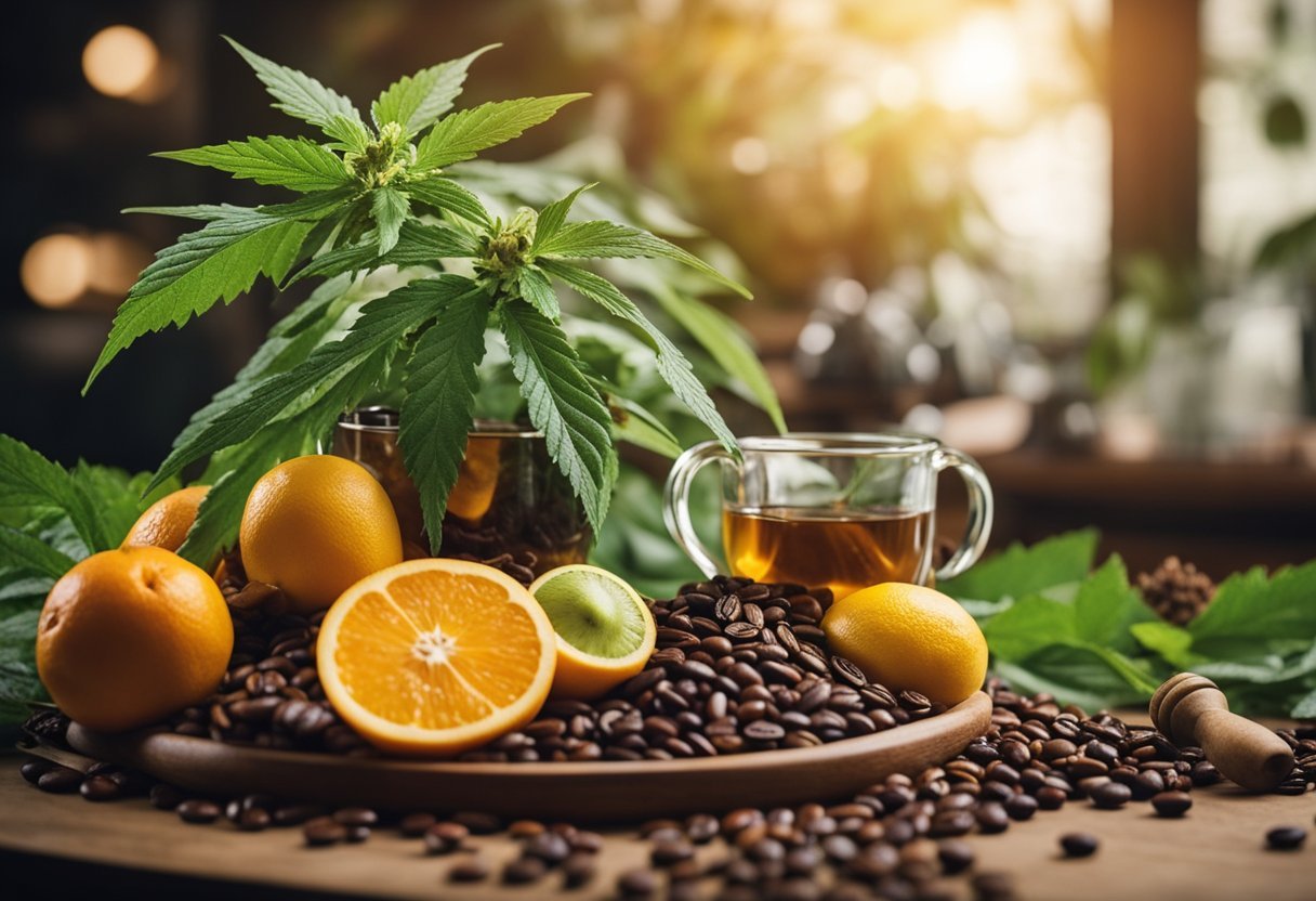 A colorful array of fruits, coffee beans, and tea leaves surround a cannabis plant, with a mortar and pestle nearby for infusing into drinks