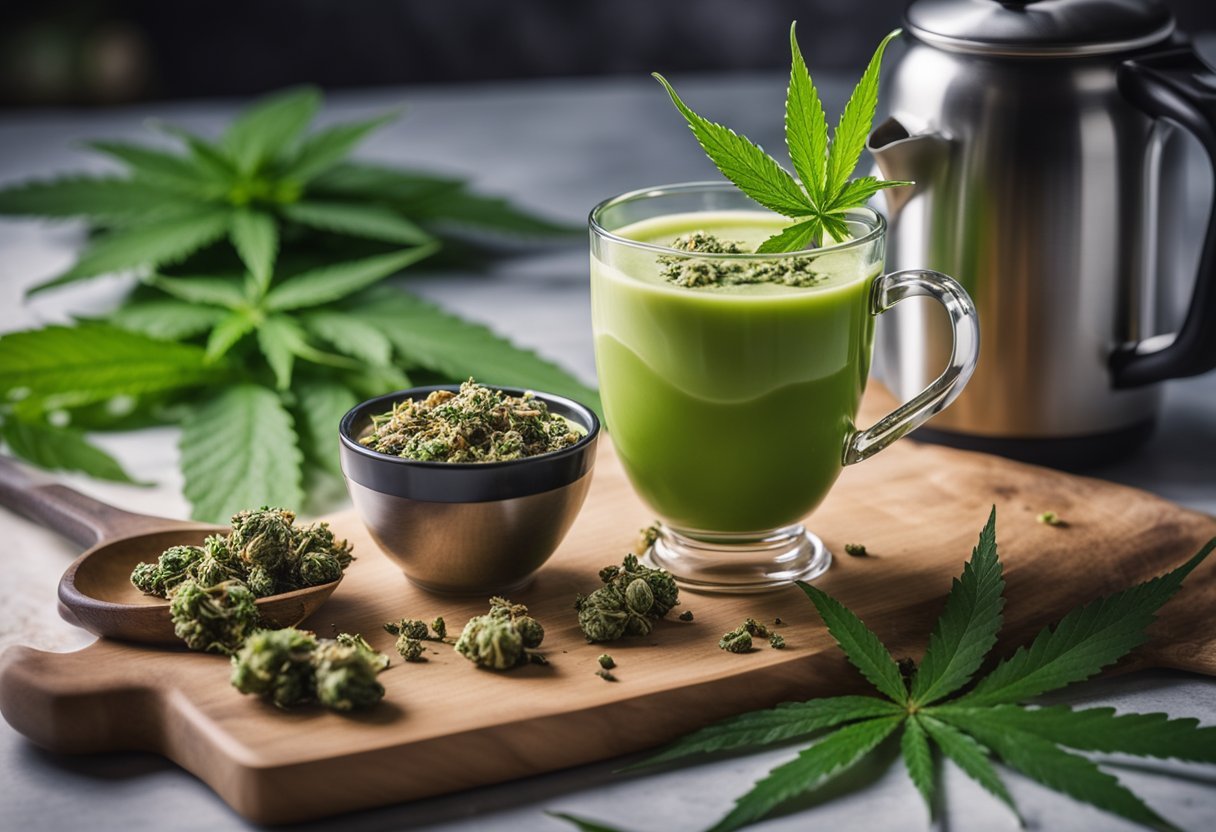Cannabis leaves and buds being blended into a vibrant smoothie, a coffee cup with cannabis-infused milk, and a teapot brewing cannabis-infused tea