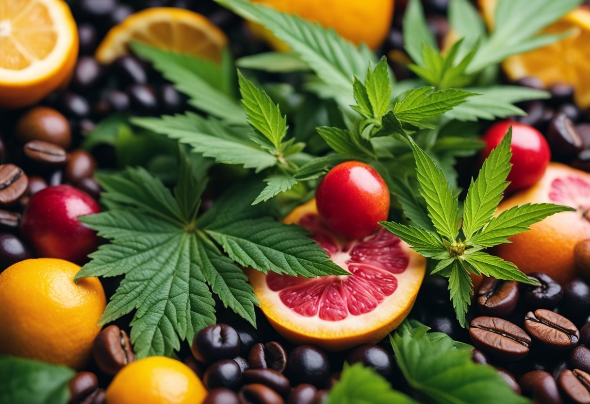 A colorful array of fresh fruits, coffee beans, and tea leaves surround a cannabis plant, ready to be blended and infused into various drinks
