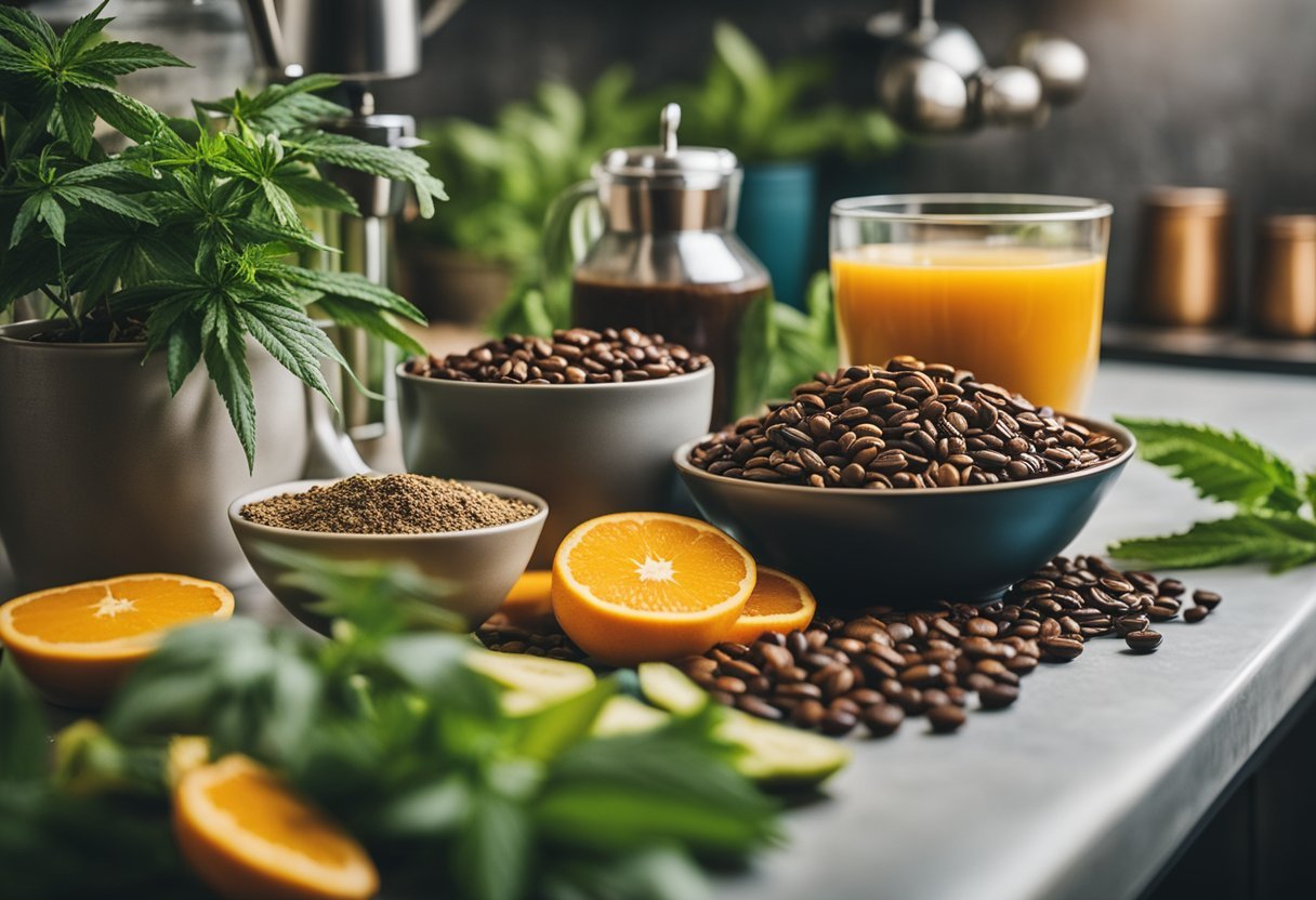 A vibrant kitchen counter with colorful smoothie ingredients, coffee beans, and tea leaves, surrounded by cannabis plants and infused drinks