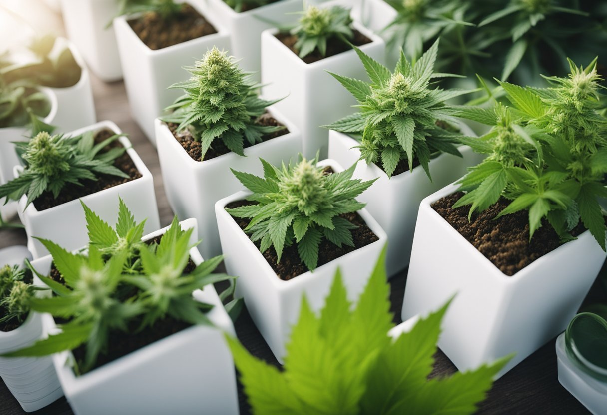 A serene garden with various plants and herbs, including cannabis, surrounded by scientific journals and success stories