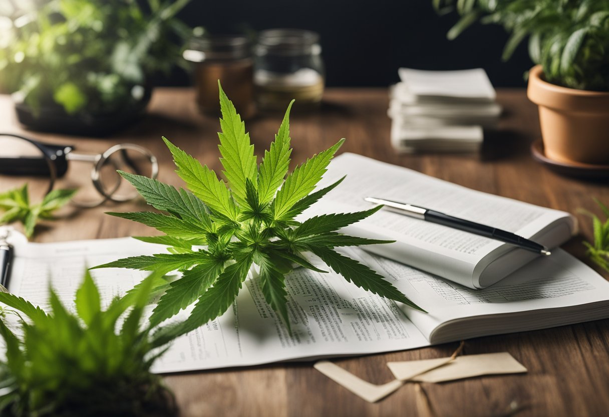 A serene, natural setting with a variety of plants and herbs, including cannabis, surrounded by scientific research papers and success stories