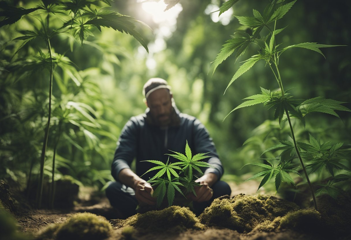 A person with chronic pain finds relief through cannabis, illustrated by a serene figure surrounded by natural elements and a sense of calm