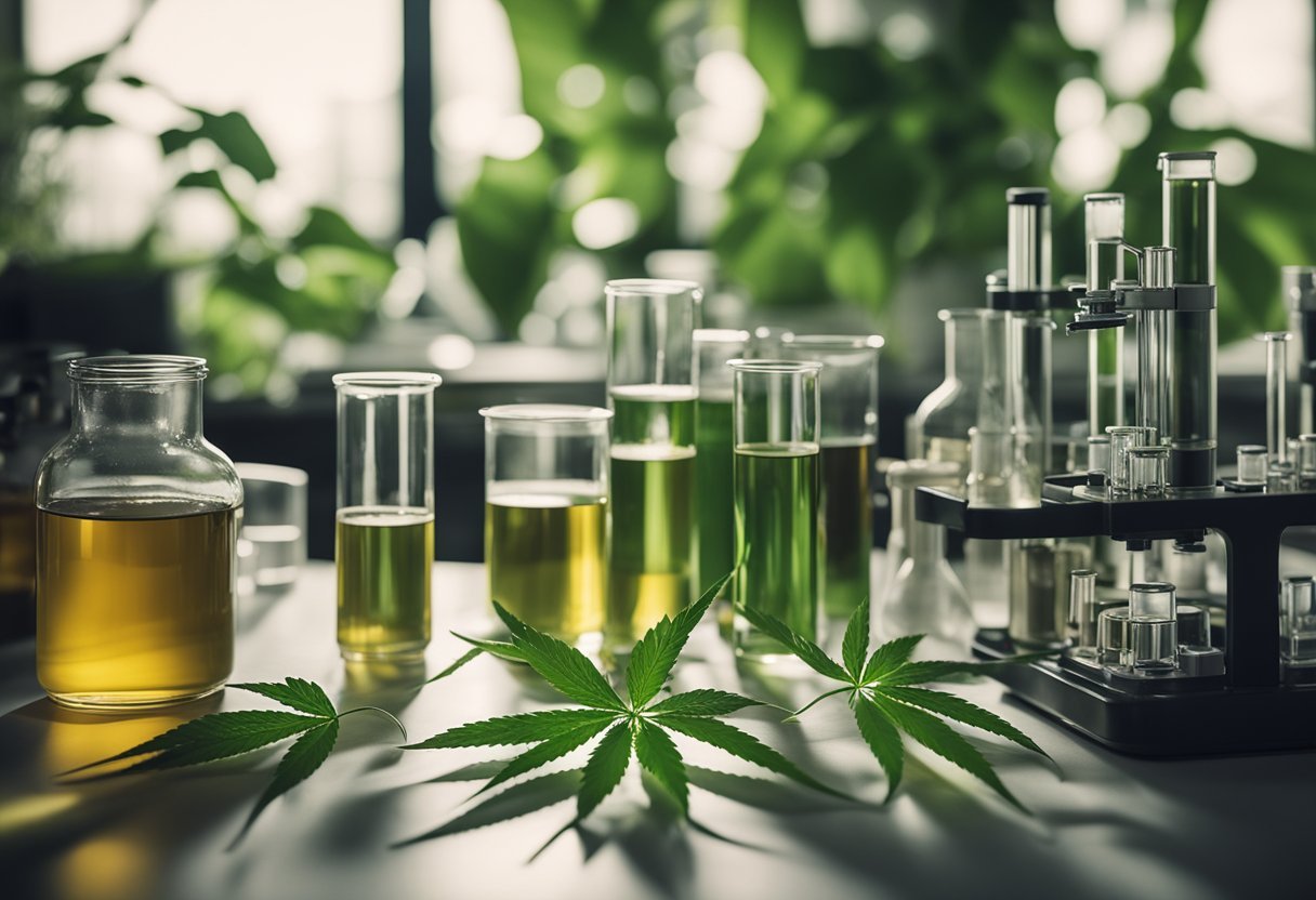 A laboratory setting with test tubes, beakers, and scientific equipment. A cannabis plant and medical research papers are scattered on a table