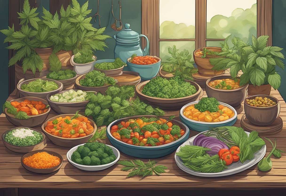 A colorful array of plant-based dishes, infused with cannabis, displayed on a rustic wooden table surrounded by fresh herbs and vegetables