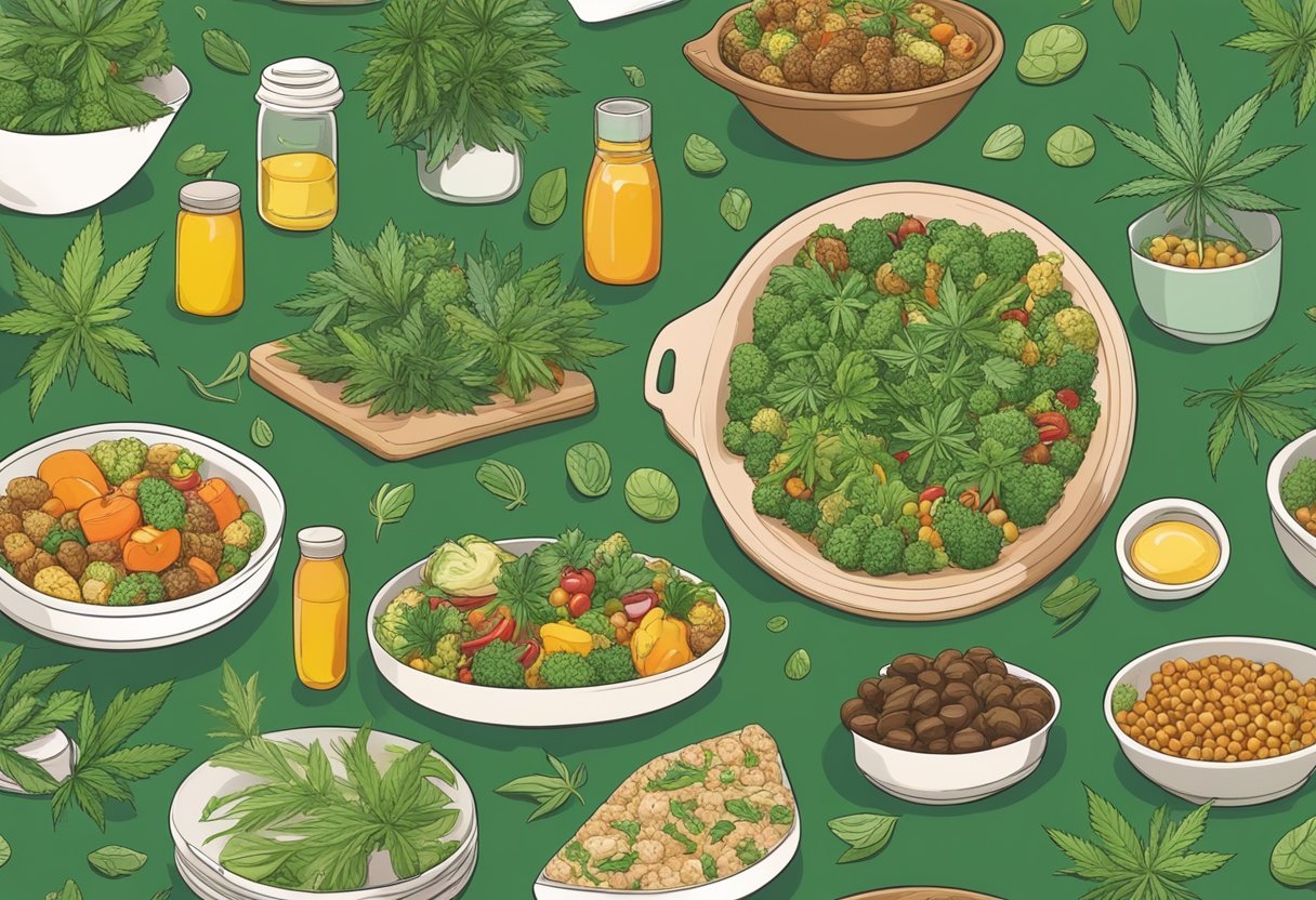 A colorful array of plant-based dishes infused with cannabis, including veggie and vegan edibles, displayed on a table surrounded by fresh herbs and cannabis leaves