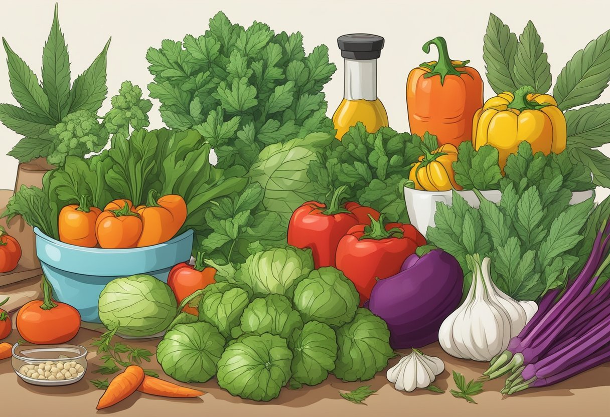 A colorful array of fresh vegetables and herbs, alongside cannabis leaves and buds, arranged on a kitchen counter