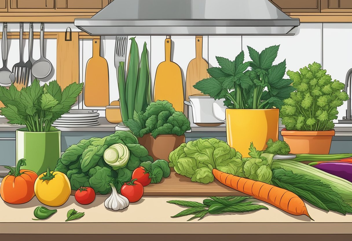 A colorful array of fresh vegetables and cannabis plants arranged on a kitchen counter, with cooking utensils and ingredients nearby