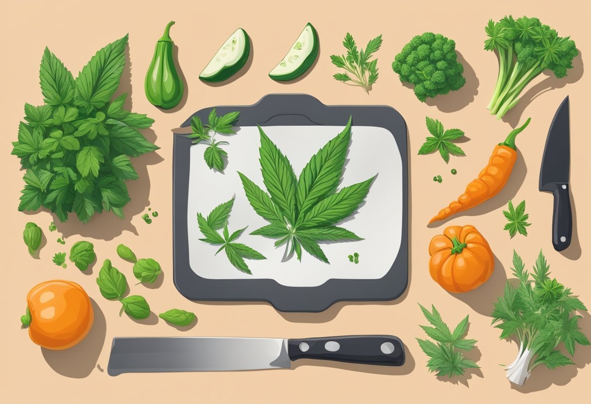 A kitchen counter with various fresh vegetables, herbs, and cannabis plants. A chef's knife, cutting board, and cooking utensils are laid out for preparing plant-based cannabis cuisine