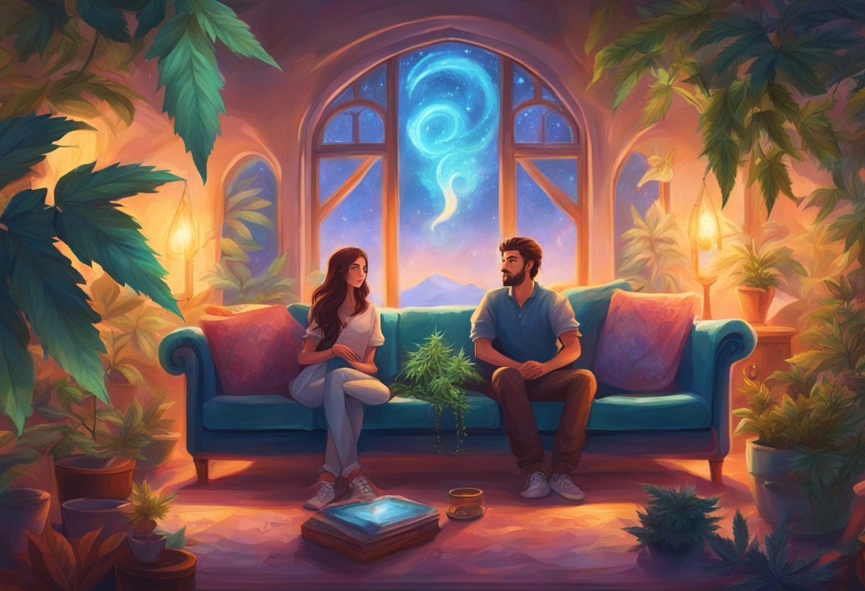 A cozy living room with a couple sitting on a comfortable couch, surrounded by cannabis plants and smoking paraphernalia