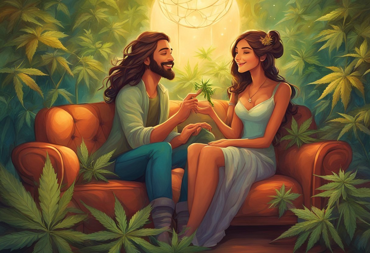 A couple sits on a cozy couch surrounded by cannabis plants, sharing a joint and laughing together. A warm, relaxed atmosphere fills the room