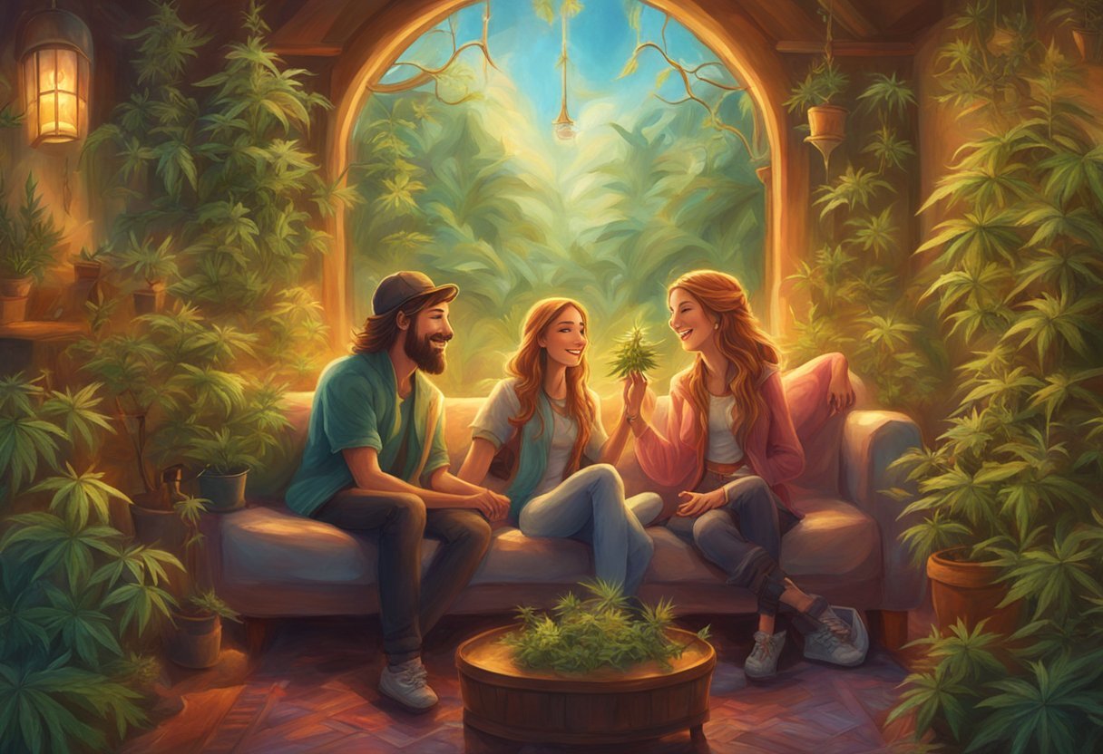 A couple sits on a cozy couch surrounded by cannabis plants, sharing a joint and laughing together. A warm, relaxed atmosphere fills the room