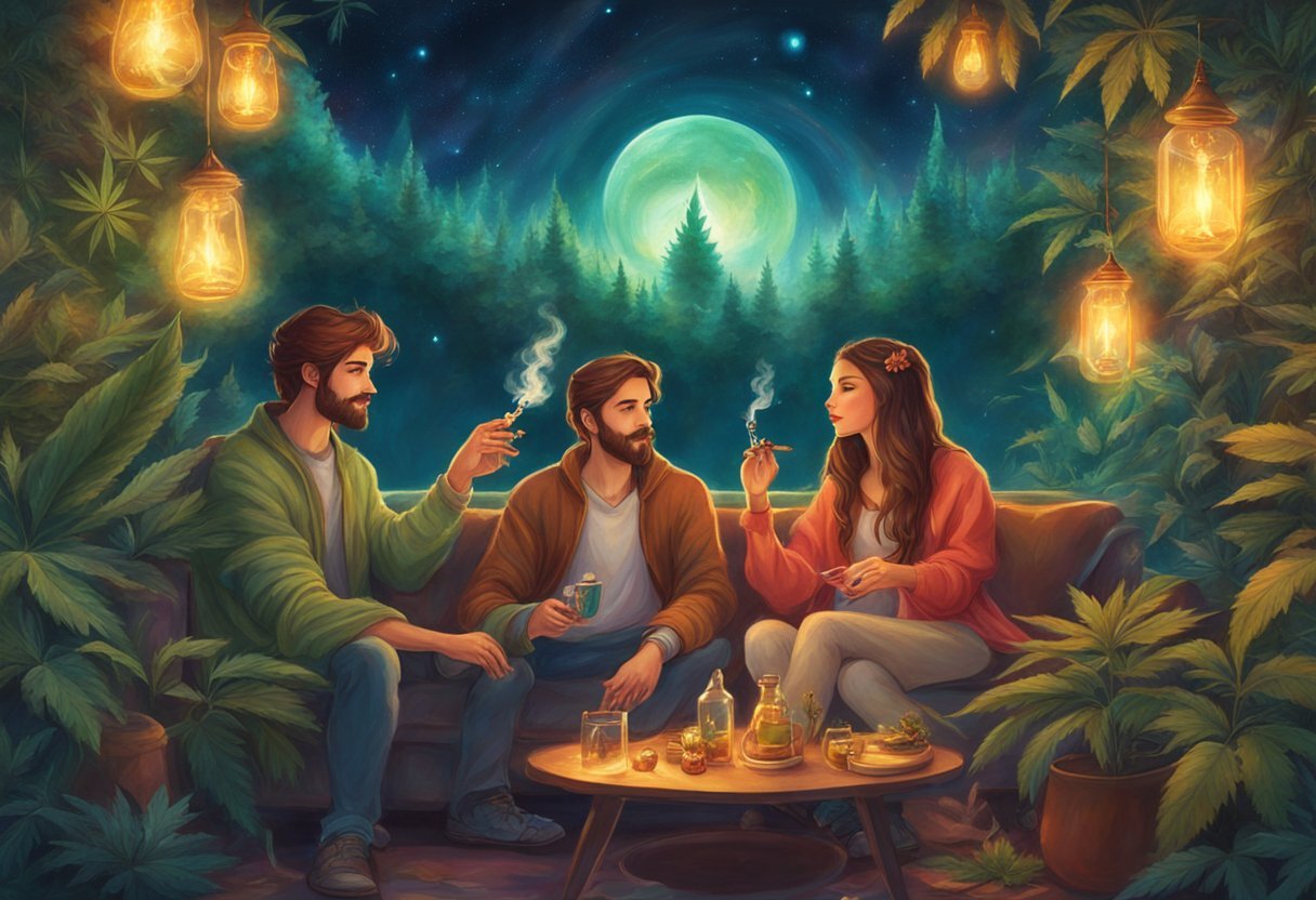 A couple sharing a joint while sitting on a cozy couch, surrounded by cannabis plants and smoking accessories