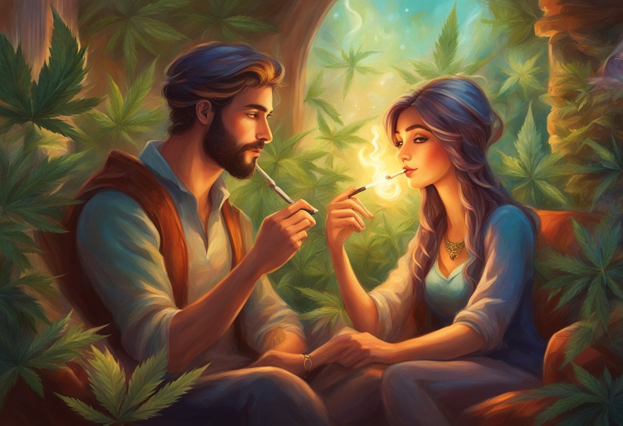 A couple sharing a joint while sitting on a cozy couch, surrounded by cannabis plants and smoking accessories