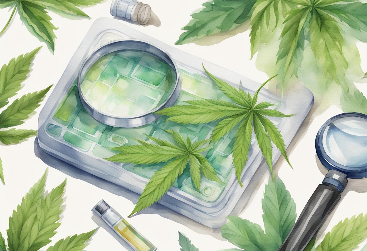 A cannabis product package surrounded by magnifying glass, ruler, and various cannabis leaves