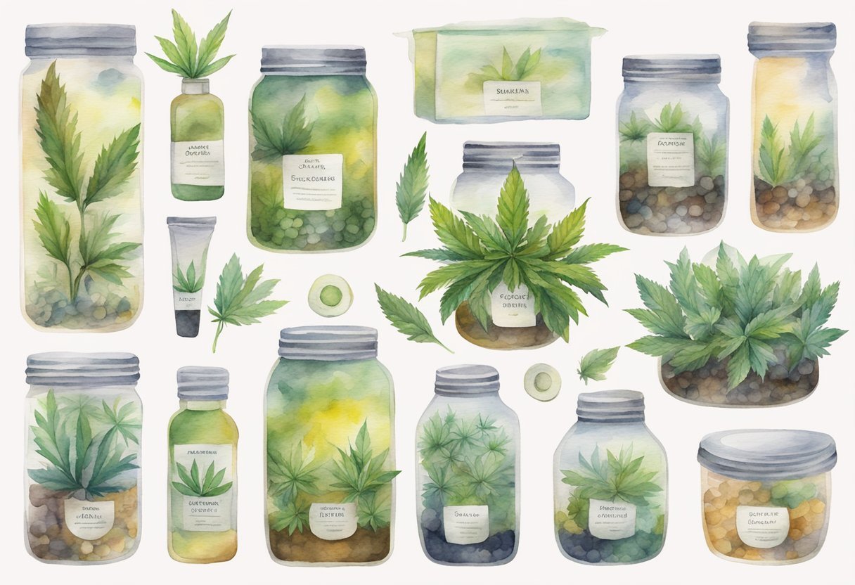 A variety of cannabis plants and products displayed with clear labels and packaging, showcasing different strains and types