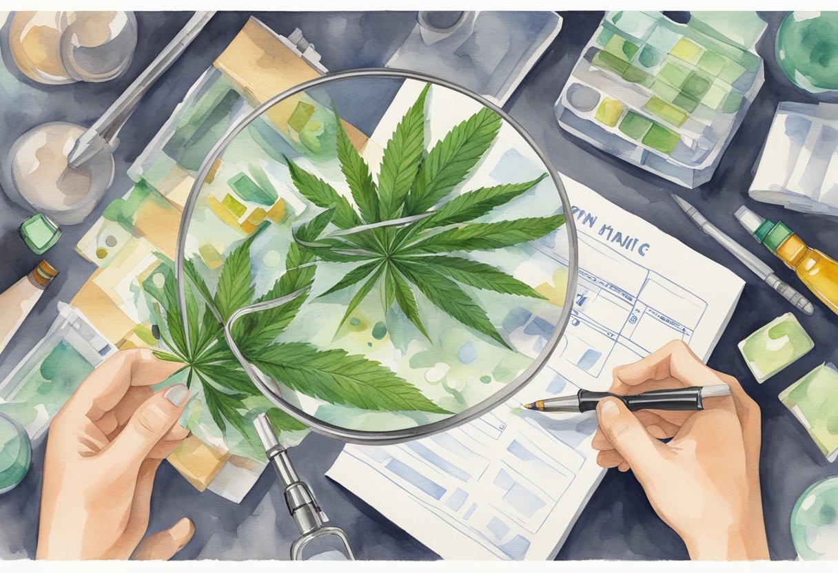 A hand reaching for a cannabis product package, surrounded by magnifying glasses, rulers, and a checklist