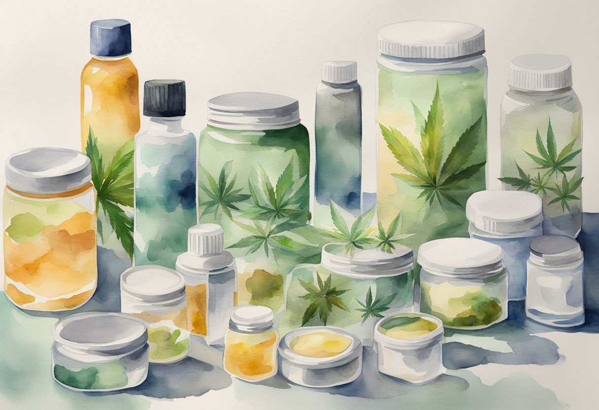 A variety of cannabis products arranged on a table, with different packaging and labels clearly visible