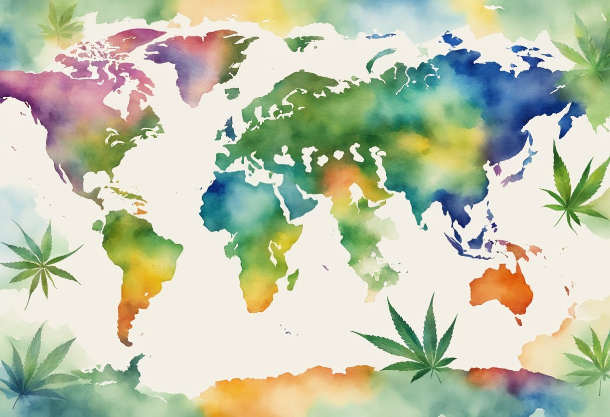 A colorful map of the world with various states and countries highlighted, each embracing the cannabis industry in their own unique way