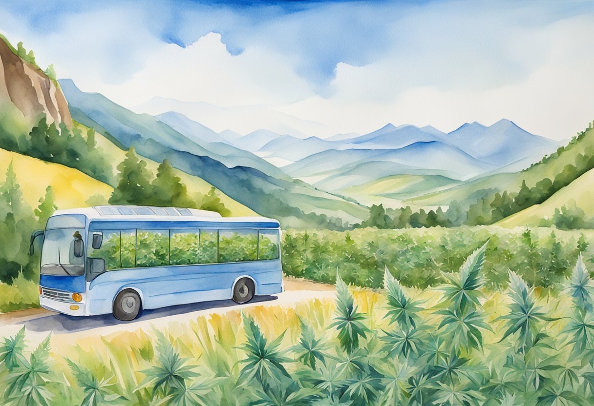 A scenic landscape with cannabis plants growing in fields, surrounded by mountains and a clear blue sky. A tour bus and visitors enjoying the greenery