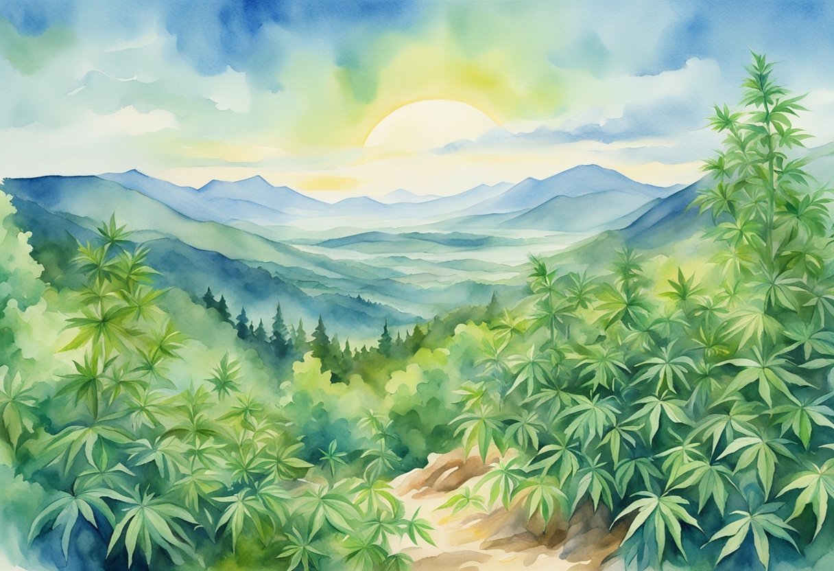 A lush, rolling landscape with vibrant green cannabis plants growing under the sun, surrounded by mountains and a clear blue sky