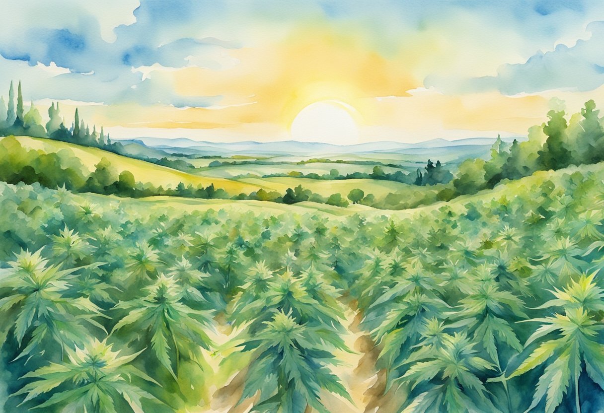 A lush, rolling landscape with fields of cannabis plants stretching to the horizon, under a bright blue sky with the sun shining down
