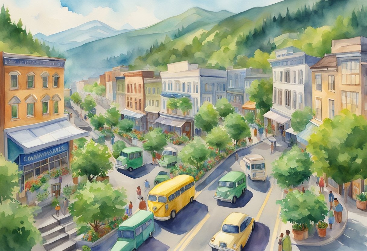 A bustling city street with colorful storefronts, cannabis dispensaries, and tour buses, surrounded by lush green mountains and fields of cannabis plants