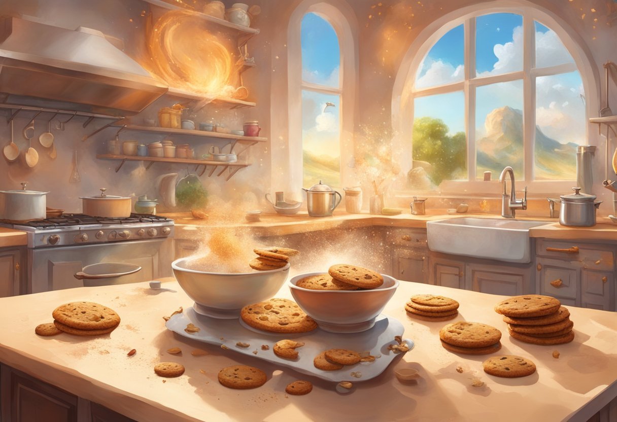 A kitchen counter cluttered with spilled flour, burnt cookies, a broken mixing bowl, and a timer going off