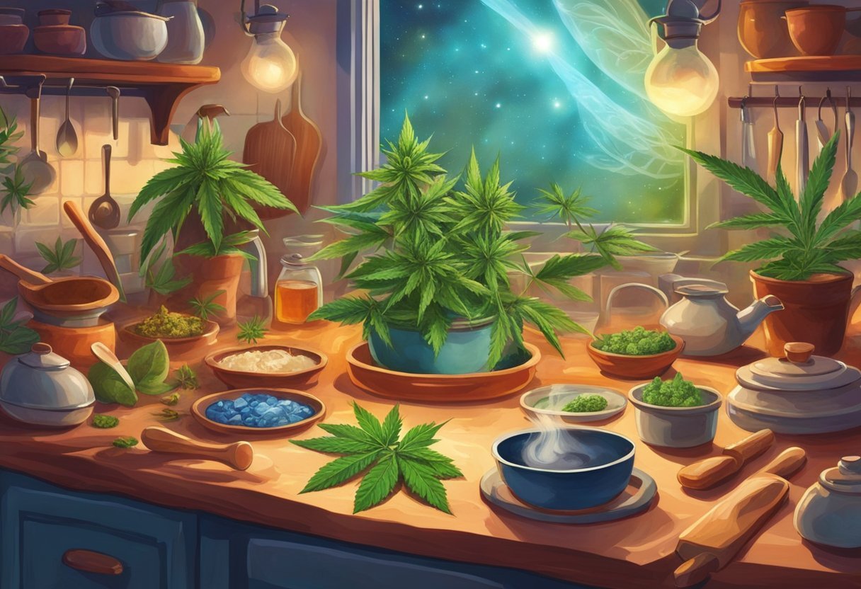 A kitchen counter with various cooking utensils, a cannabis plant, and a stovetop with a pot simmering. Ingredients for homemade edibles are laid out on the counter