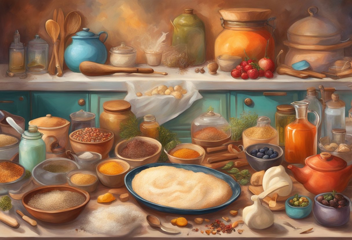 A kitchen counter cluttered with baking ingredients and utensils, with a tray of burnt homemade edibles in the foreground