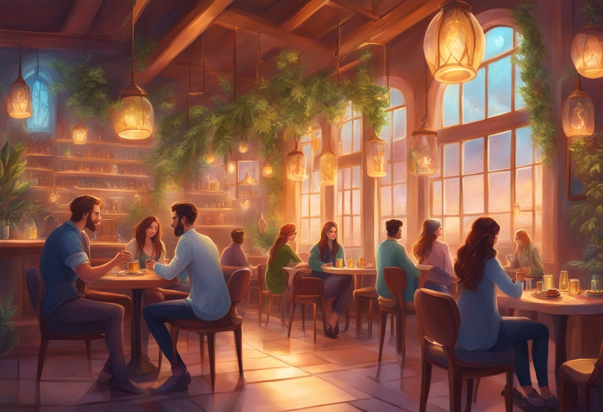 A cozy, modern café with sleek furniture and soft lighting. People gather around low tables, chatting and enjoying cannabis products in a relaxed atmosphere