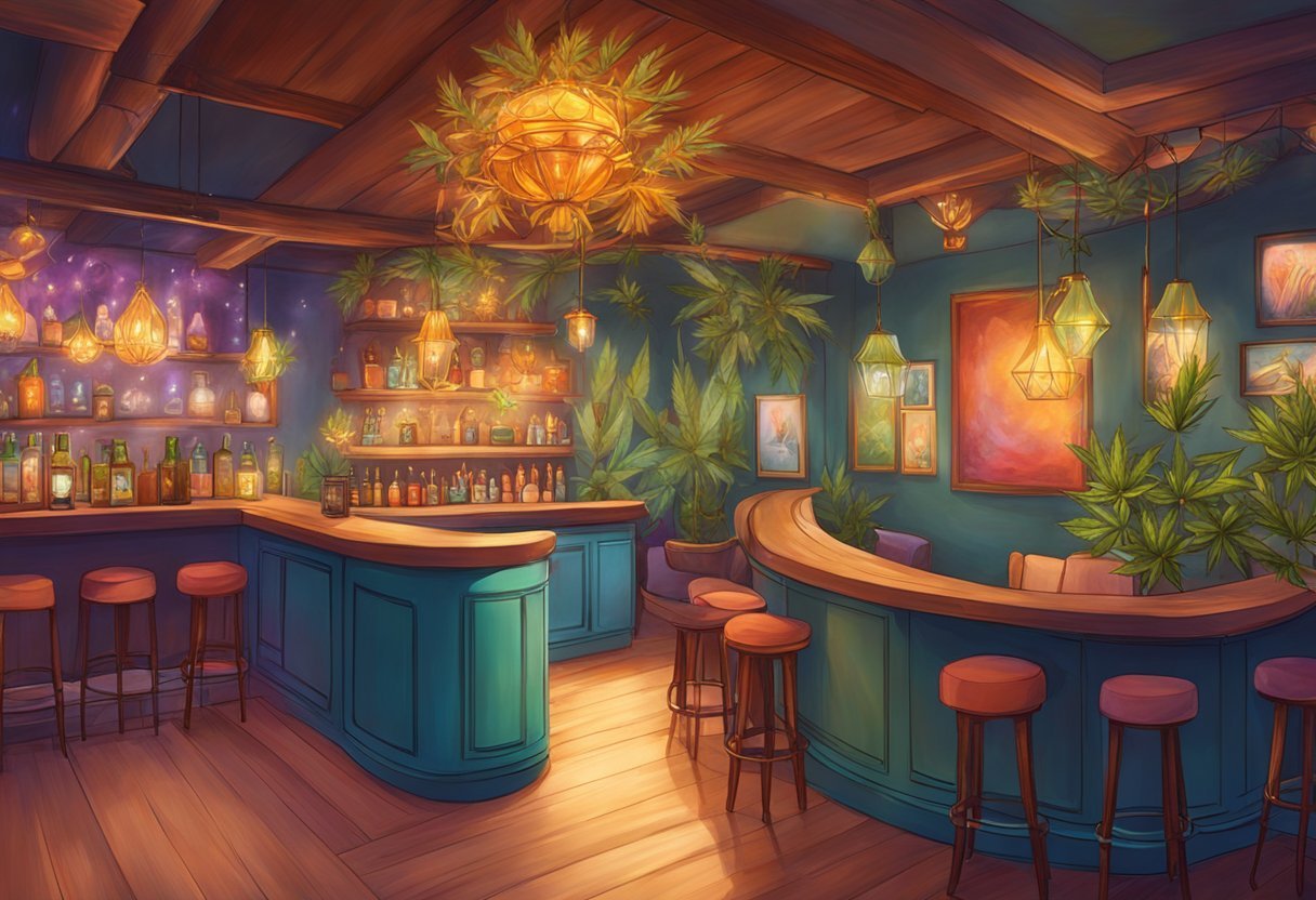 A cozy, modern cannabis consumption lounge with comfortable seating, stylish decor, and a relaxed atmosphere. A bar area offers a variety of cannabis products for patrons to enjoy