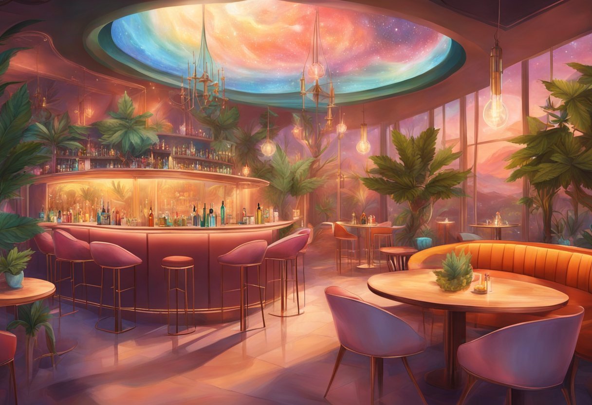 A modern cannabis café with sleek furniture, a bar serving infused drinks, and social lounges for group consumption