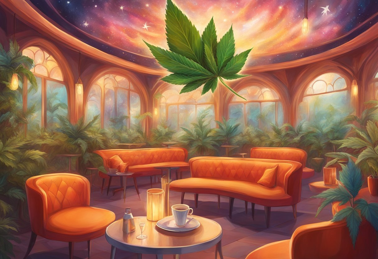 A modern, inviting cannabis café with comfortable seating, stylish decor, and designated consumption areas